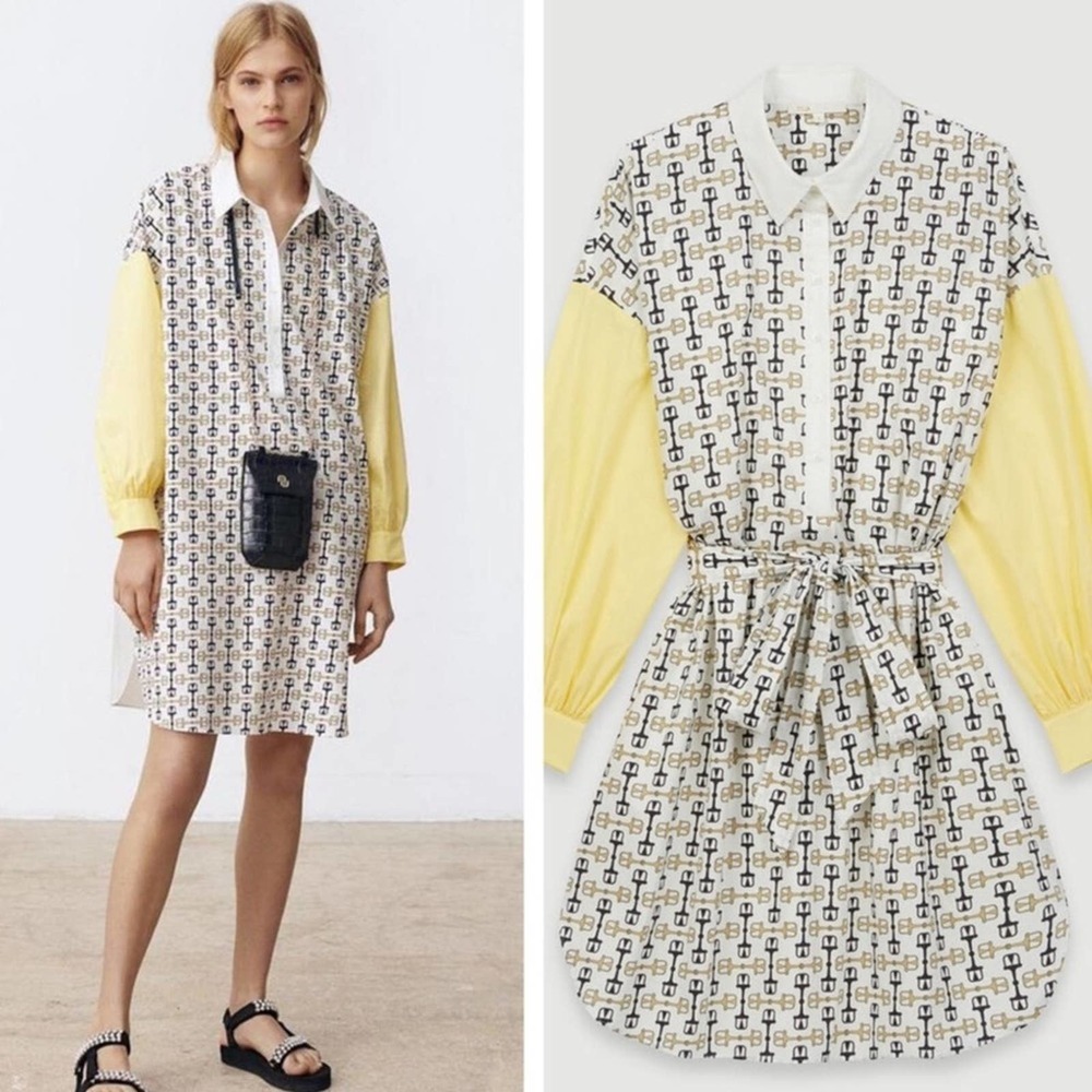 Maje Yellow Sleeve Printed Mini Dress